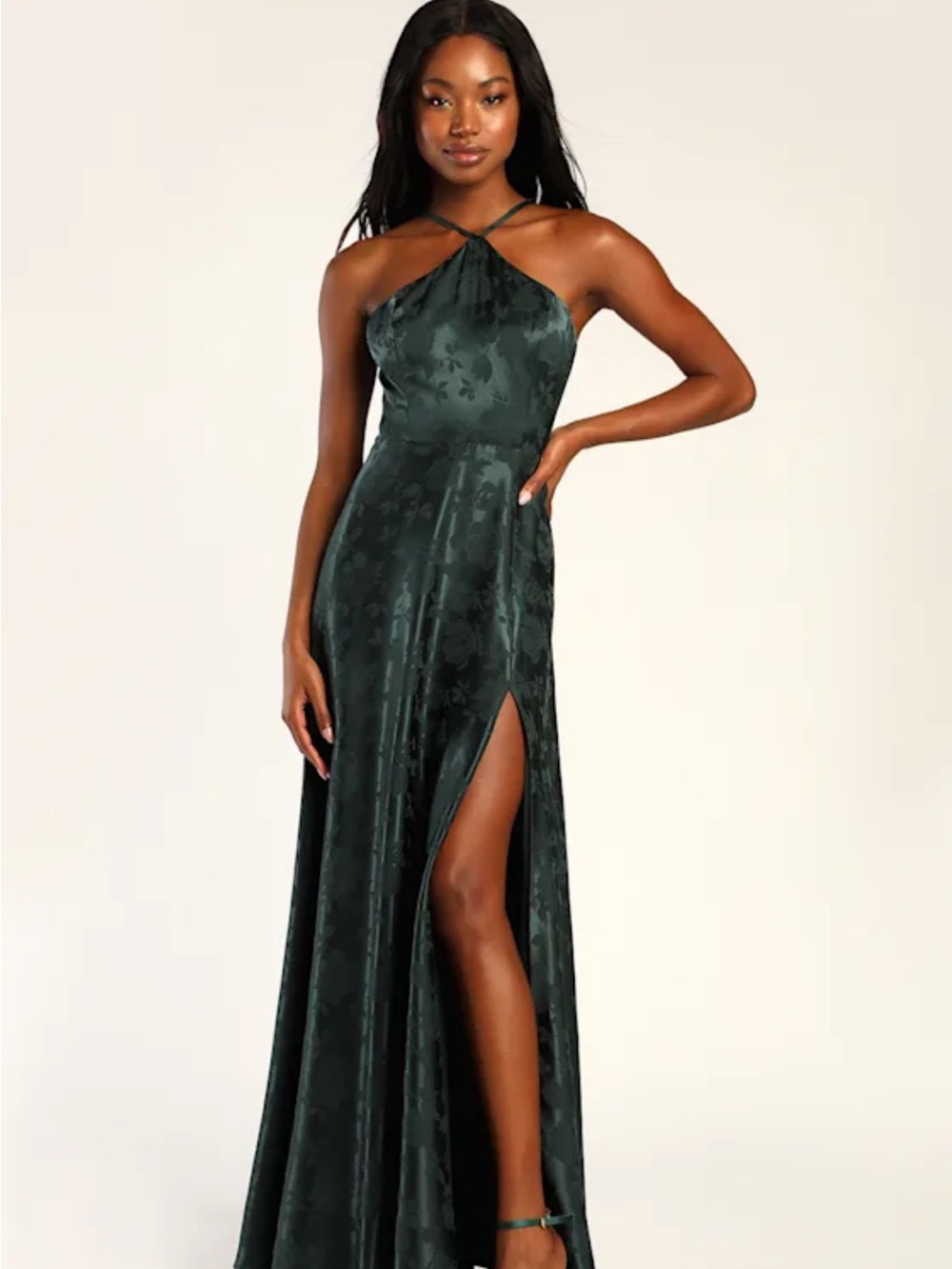 Lulus Elegant Sophistication Emerald Satin Jacquard Halter Maxi Dress
